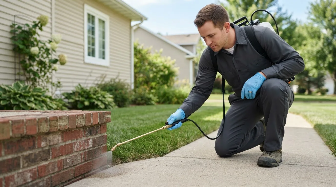 Pest control technician treating a home near Oaktown, IN